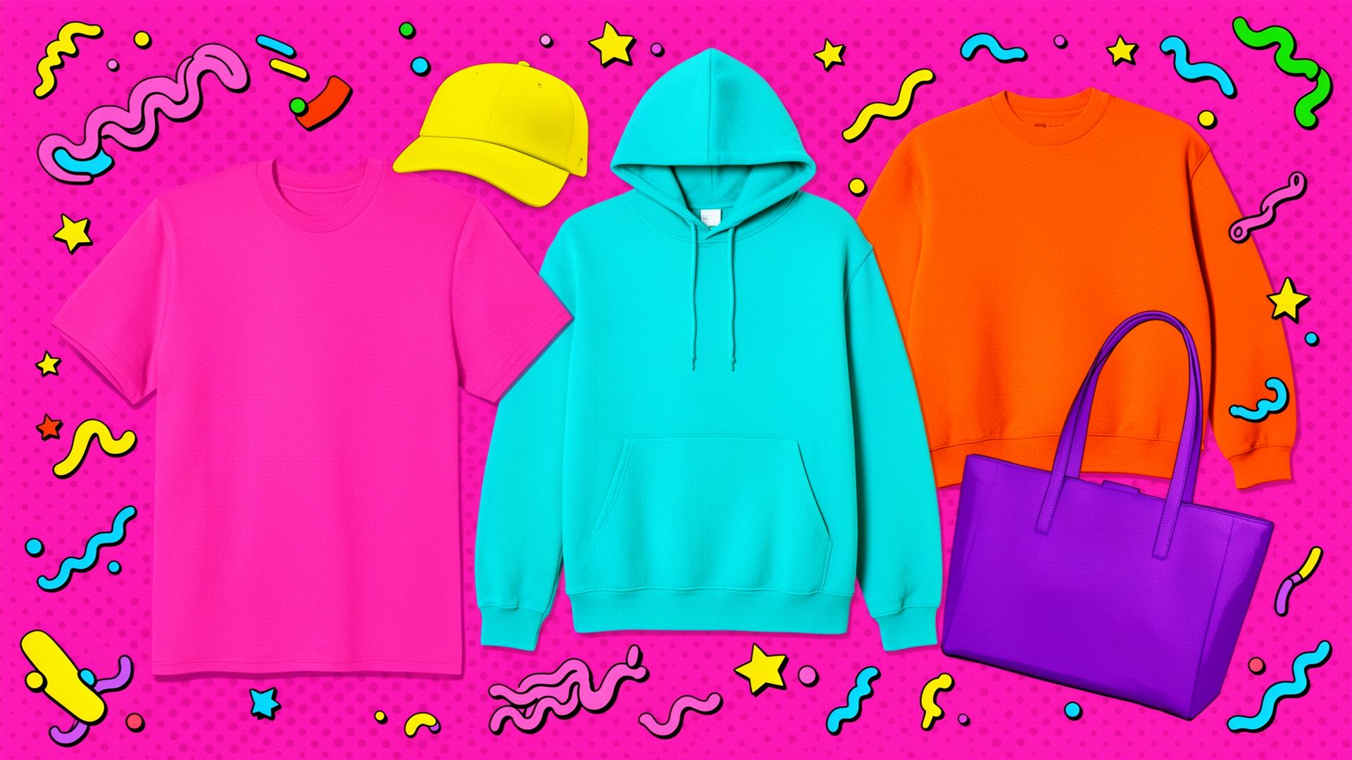 Colorful pop-art collage of t-shirts, hoodies, caps, sweatshirts and tote bags